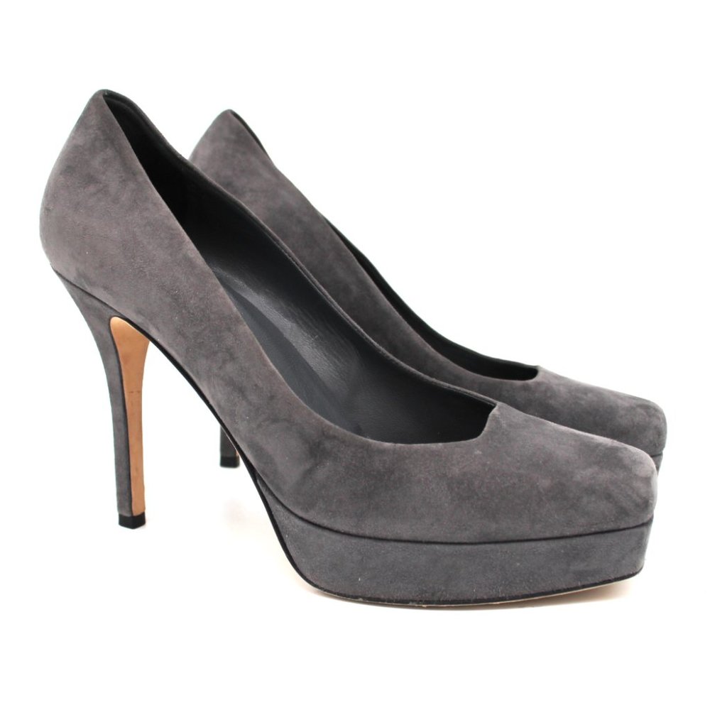 GUCCI Grey Suede Platform Pumps Square Toe Stiletto Heels w/ Box 38 Italy Saks